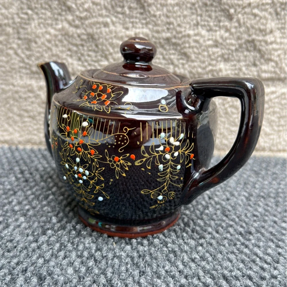 Vintage Japanese Brown Glazed Ceramic Teapot Hand Painted Floral Gold Moriage